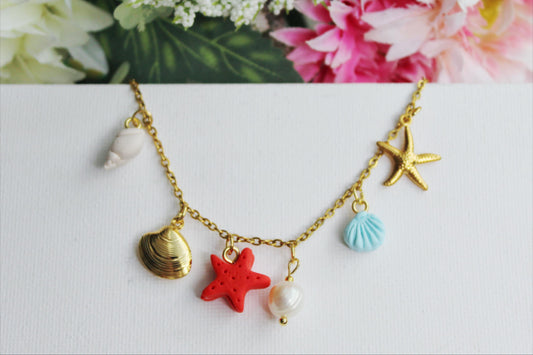 Summer Necklace, Beach Necklace, Seashell Necklace, Polymer Clay Necklace, Colorful Necklace,Stainless steel,Handmade,Small Pendant Necklace