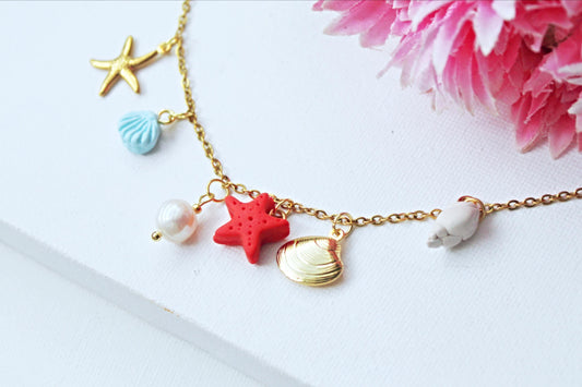 Summer Necklace, Beach Necklace, Seashell Necklace, Polymer Clay Necklace, Colorful Necklace,Stainless steel,Handmade,Small Pendant Necklace