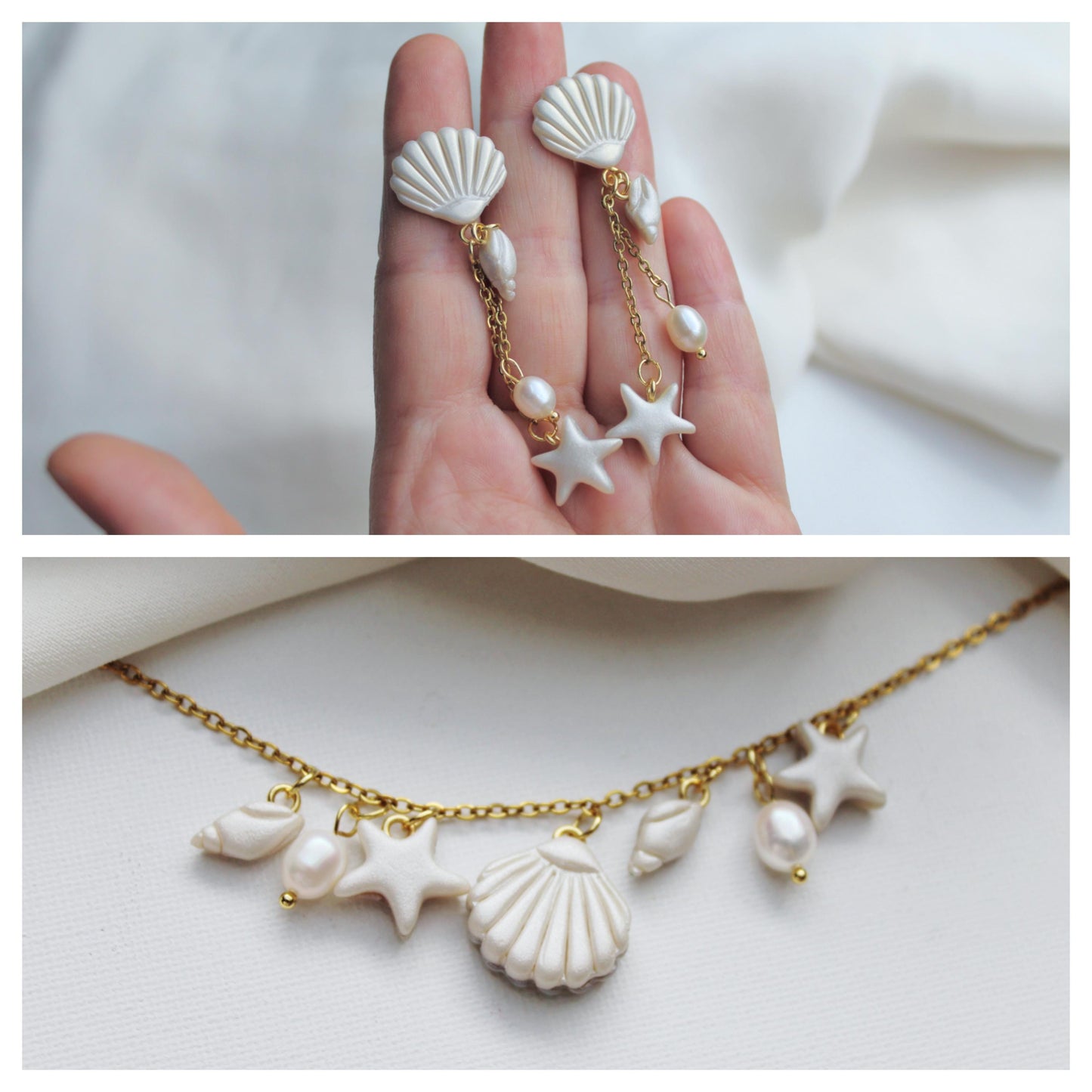 Summer Necklace, Shell Necklace, Elegant Necklace and Earrings, SET, Beach Necklace, Polymer Clay Necklace,Elegant Necklace, Stainless steel