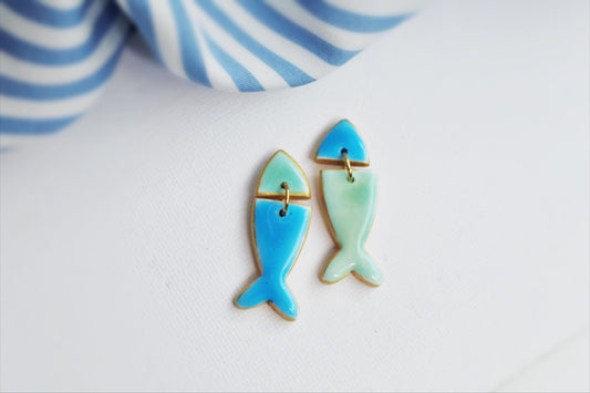 Fish Earrings, Ceramic Style Earrings, Blue Earrings, Green, Statement Earrings, Summer Earrings, Polymer Clay Earrings, Handmade Earrings