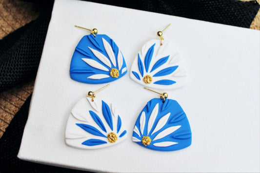 Earrings, Daisy, White and Blue, Cobalt Blue, Trapez, Party, Summer, Handmade, Polymer Clay, Romantic, Clay, Earrings Dangle, Gift for Her