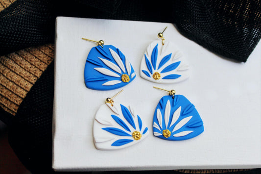 Earrings, Daisy, White and Blue, Cobalt Blue, Trapez, Party, Summer, Handmade, Polymer Clay, Romantic, Clay, Earrings Dangle, Gift for Her