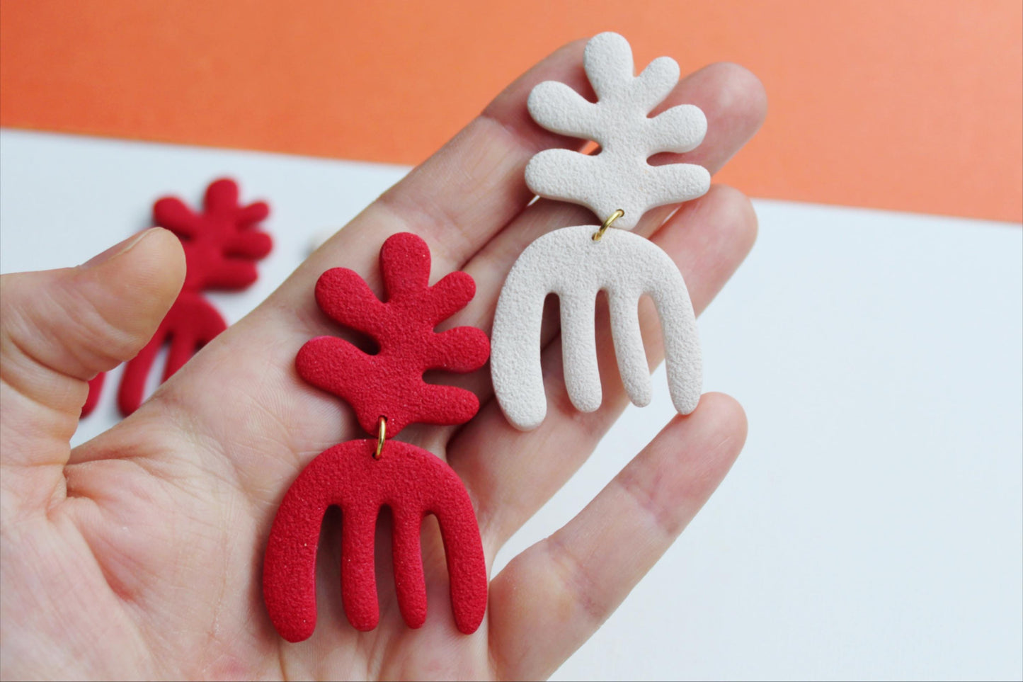 Summer Coral Earrings, Large Statement Earrings, Red Coral Earrings, Matisse, Coral Earrings, Polymer Clay Earrings, Coral, Handmade, Modern