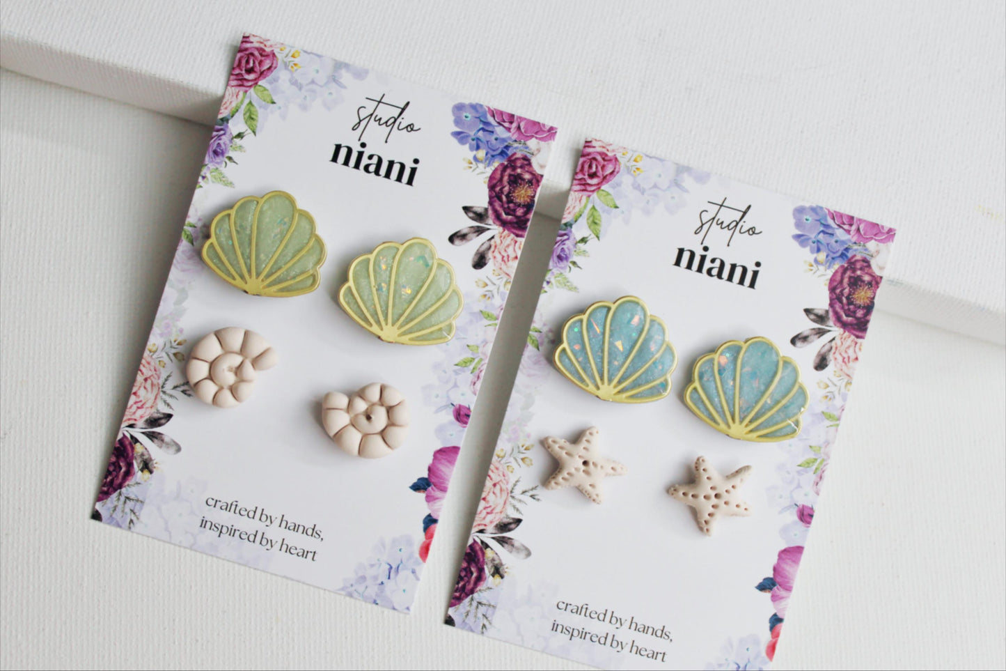 Pearl Stud SET, Summer Stud Earrings, Seashell, Starfish, Polymer Clay Stud Earrings, Stud Pack, Light Blue and Green, Marble, Handmade