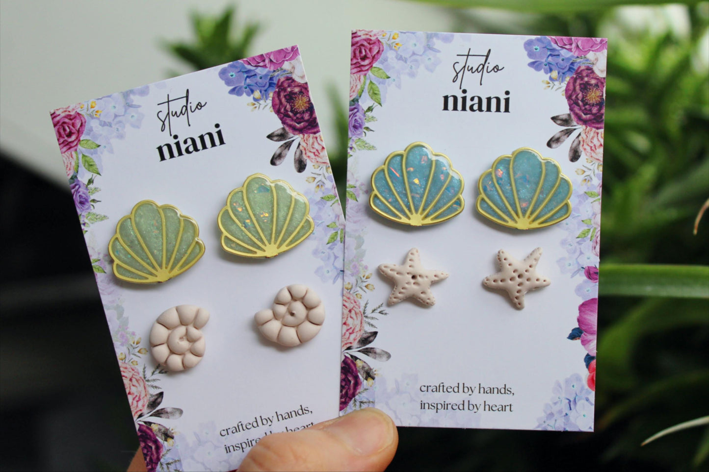 Pearl Stud SET, Summer Stud Earrings, Seashell, Starfish, Polymer Clay Stud Earrings, Stud Pack, Light Blue and Green, Marble, Handmade