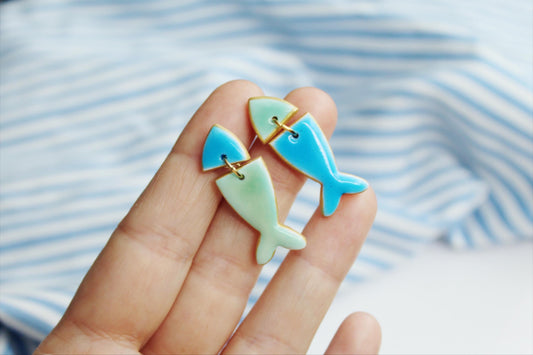 Fish Earrings, Ceramic Style Earrings, Blue Earrings, Green, Statement Earrings, Summer Earrings, Polymer Clay Earrings, Handmade Earrings