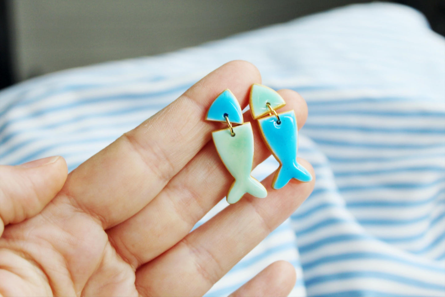 Fish Earrings, Ceramic Style Earrings, Blue Earrings, Green, Statement Earrings, Summer Earrings, Polymer Clay Earrings, Handmade Earrings