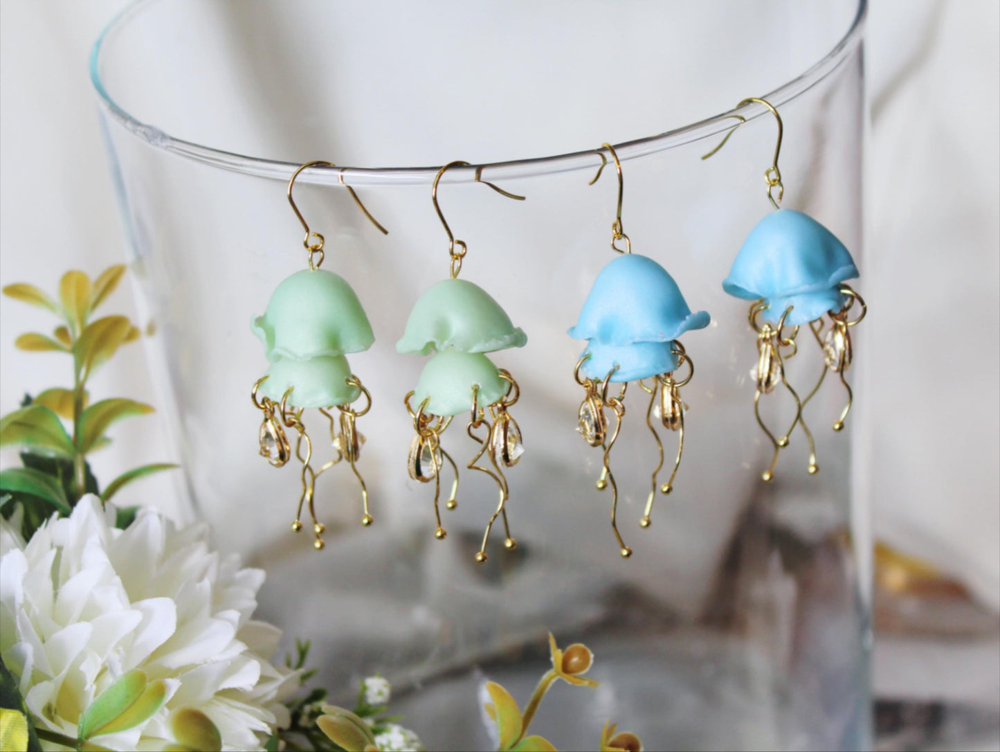 Jellyfish Earrings, Summer Earrings, Blue Earrings, Green, Clay Earrings, Statement Earrings, Polymer Clay Earrings, Handmade Earrings