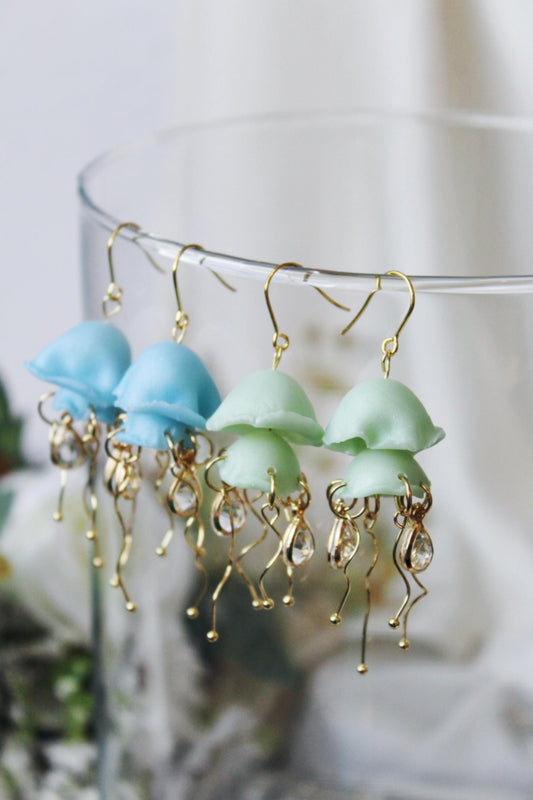 Jellyfish Earrings, Summer Earrings, Blue Earrings, Green, Clay Earrings, Statement Earrings, Polymer Clay Earrings, Handmade Earrings