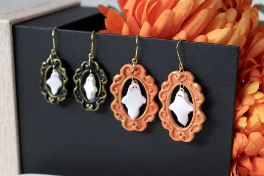 Ghost Earrings, Halloween Earrings, Polymer Clay Earrings, Ghost in a Frame, Frame Earrings, Halloween Earrings Clay, Halloween Earrings