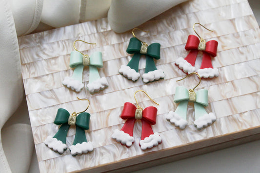Christmas Bow Earrings, Christmas Earrings, Bow Polymer Clay Earrings, Cute Earrings, Elegant Earrings, Santa, Handmade, Gift for Her, Red