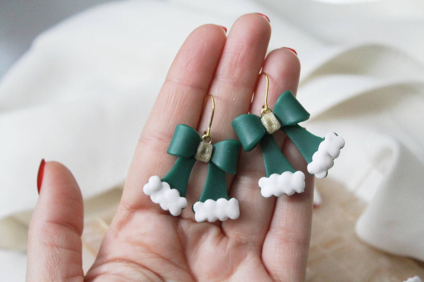 Christmas Bow Earrings, Christmas Earrings, Bow Polymer Clay Earrings, Cute Earrings, Elegant Earrings, Santa, Handmade, Gift for Her, Red