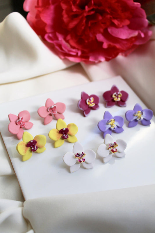 Orchid Earrings, Orchid Stud Earrings, Polymer Clay Earrings, Floral Jewelry, Handmade, Studs, Botanical Bridal Jewelry, Tropical Floral