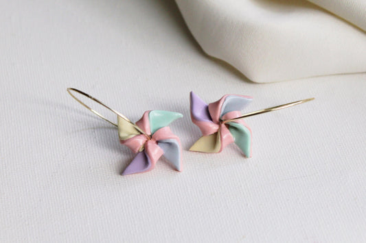 Pastel Pinwheel Hoop Earrings, Hoop Earrings, Spring Earrings, Handmade, 18k gold plated, Colorful Polymer Clay Earrings, Gift for Her,Hoops
