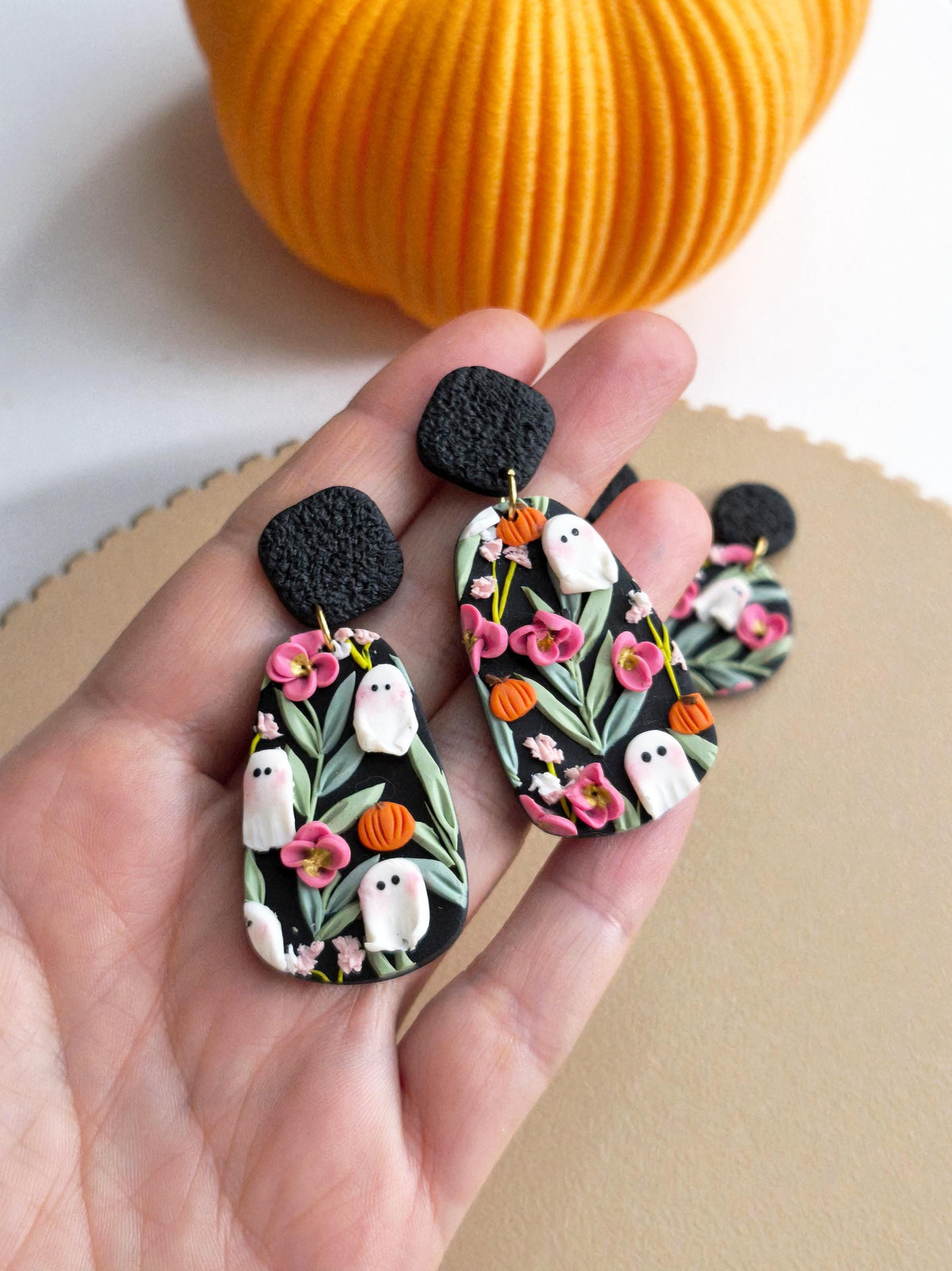 Ghost Earrings, Halloween Earrings, Polymer Clay Earrings, Spooky, Black Earrings, Clay Earrings, Cute Ghost and Pumpkin Earrings, Gift,Fall