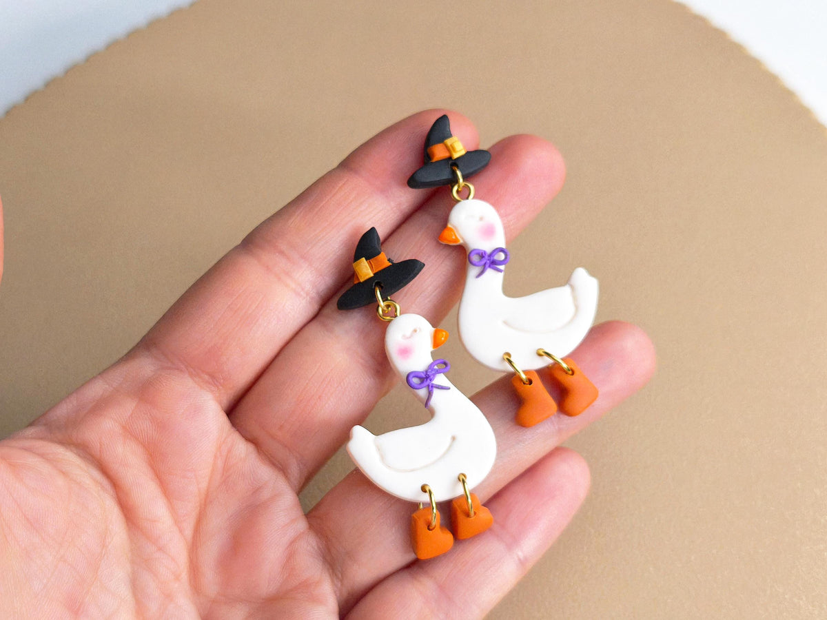 Goose Earrings, Halloween Polymer Clay Earrings, Halloween Dangle Earrings, Witch Earrings with Boots, Clay Earrings, Handmade, Gift for her
