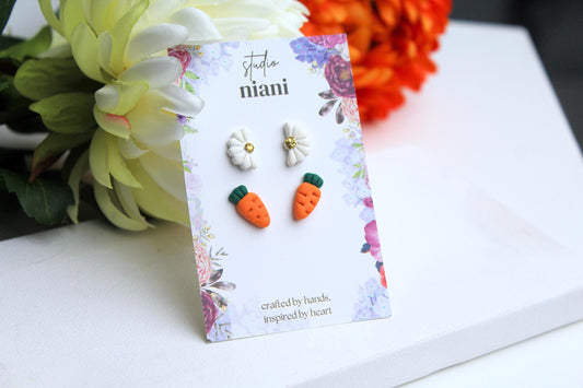 Easter Stud Earrings, Carrot Earrings, Tiny Stud Earrings, Polymer Clay Earrings, Daisy Studs, Earring Stud Pack, Spring Earrings, Handmade