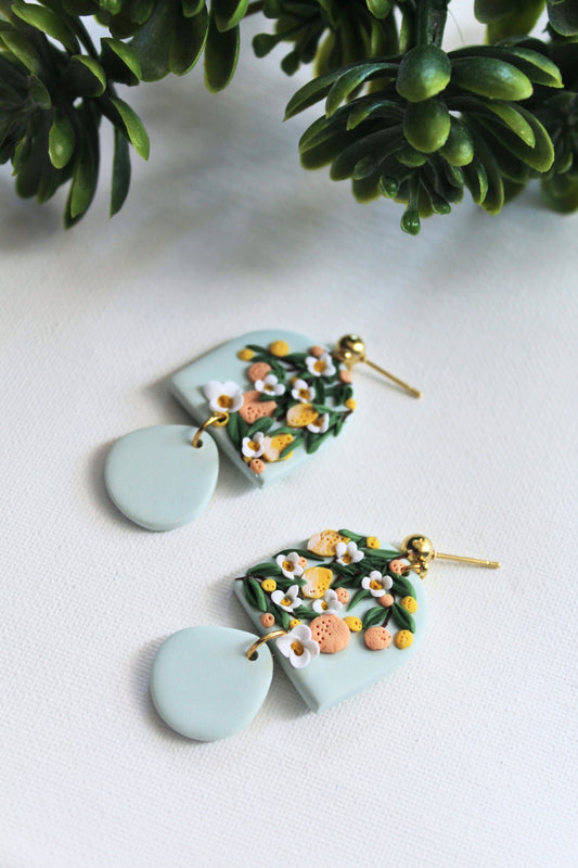 Summer Garden Earrings, Lemon and Orange Earrings, Sage Green Handmade Earrings, Polymer Clay - Studio Nian