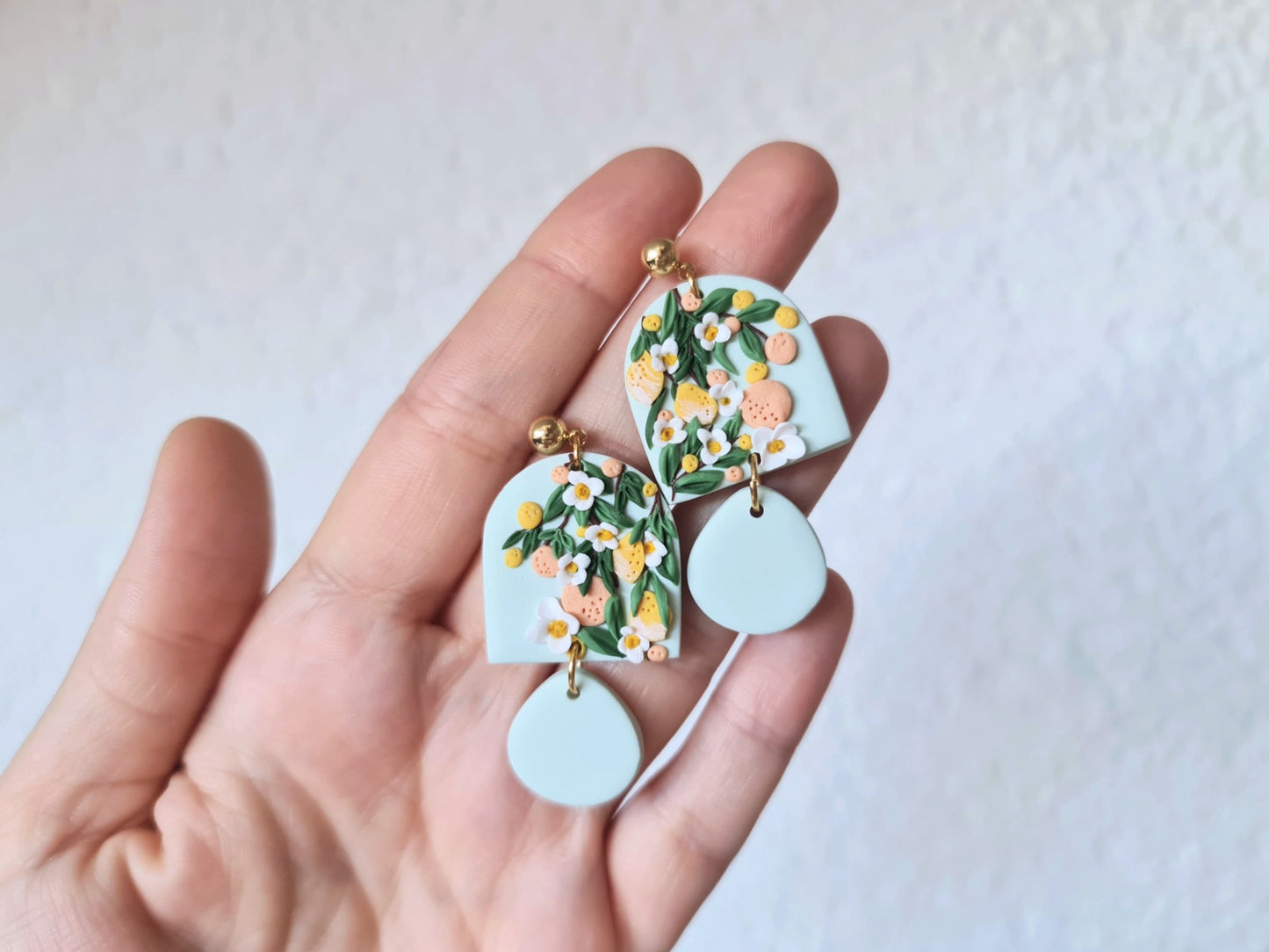 Summer Garden Earrings, Lemon and Orange Earrings, Sage Green Handmade Earrings, Polymer Clay - Studio Nian