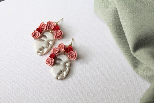 Abstract Face Earrings, Polymer Clay Earrings, Floral Rose Earrings - Studio Niani
