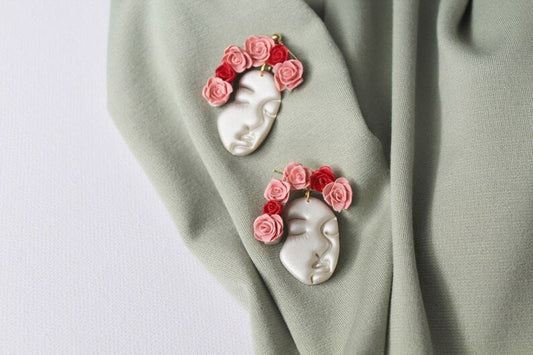 Abstract Face Earrings, Polymer Clay Earrings, Floral Rose Earrings - Studio Niani