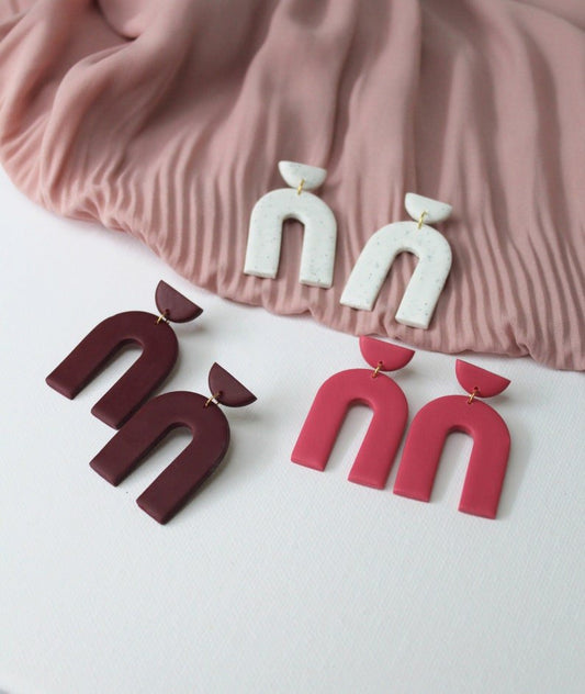Arch Earrings, Polymer Clay Earrings, Pink, White, Burgundy, Modern Arch - Studio Niani