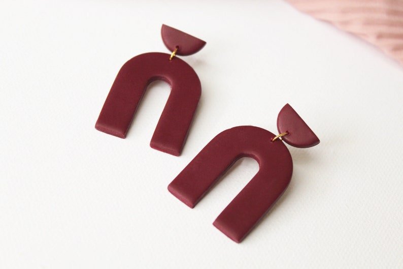 Arch Earrings, Polymer Clay Earrings, Pink, White, Burgundy, Modern Arch - Studio Niani