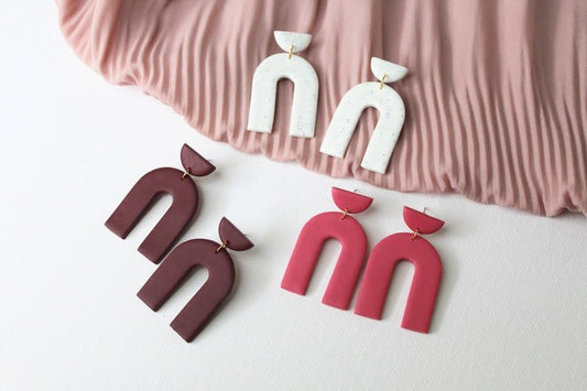 Arch Earrings, Polymer Clay Earrings, Pink, White, Burgundy, Modern Arch - Studio Niani