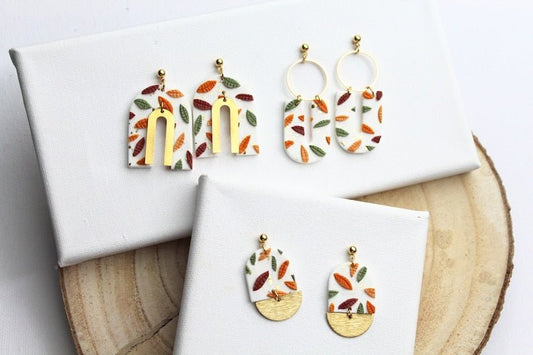 Autumn Leaf Earrings, Polymer Clay Earrings, 18k gold plated studs - Studio Niani