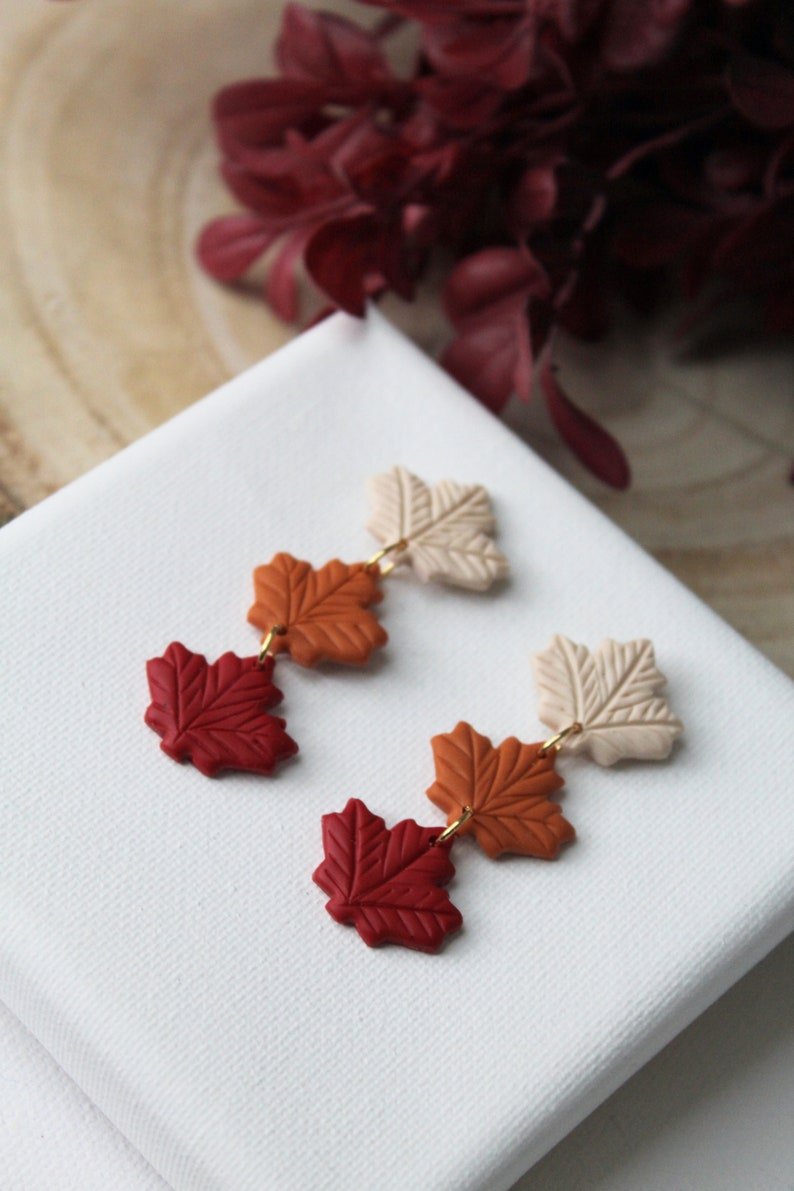 Autumn Leaf Earrings, Polymer Clay Earrings, Beige, Red, Orange - Studio Niani