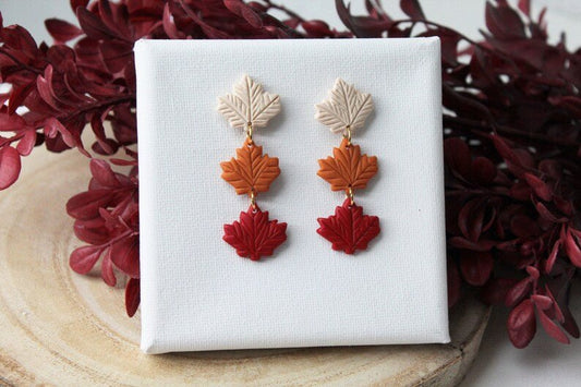Autumn Leaf Earrings, Polymer Clay Earrings, Beige, Red, Orange - Studio Niani