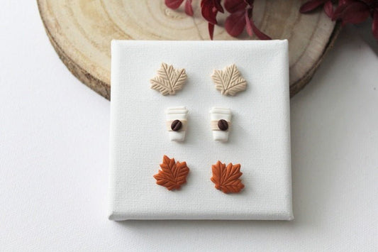 Autumn Stud Earrings, 3 Pair Stud Pack, Polymer Clay Stud Earrings, Coffee and Cup Studs - Studio Niani