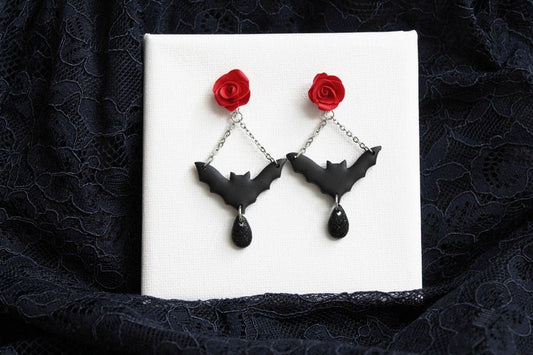 Bat and Roses Earrings, Halloween Earrings, , Polymer Clay Earrings, Gothic Jewelry - Studio Niani