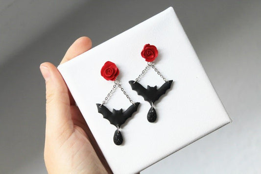 Bat and Roses Earrings, Halloween Earrings, , Polymer Clay Earrings, Gothic Jewelry - Studio Niani