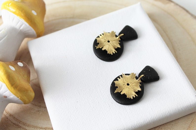 Black and Gold Earrings, Polymer Clay Earrings, Statement Earrings - Studio Niani