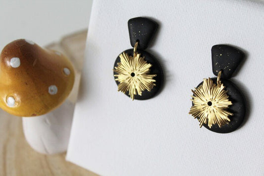 Black and Gold Earrings, Polymer Clay Earrings, Statement Earrings - Studio Niani