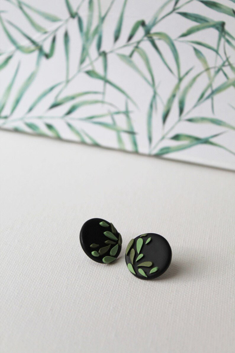 Black Stud Earrings with Green Mosaic, Polymer Clay Stud Earrings, Nature Inspired - Studio Niani