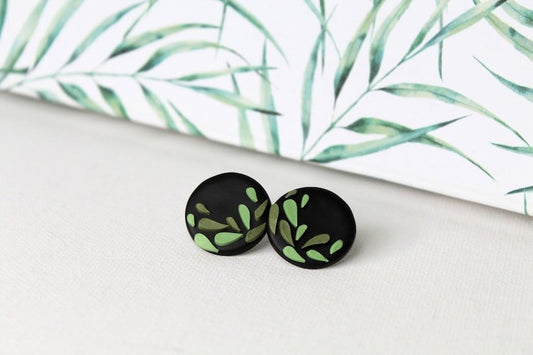Black Stud Earrings with Green Mosaic, Polymer Clay Stud Earrings, Nature Inspired - Studio Niani