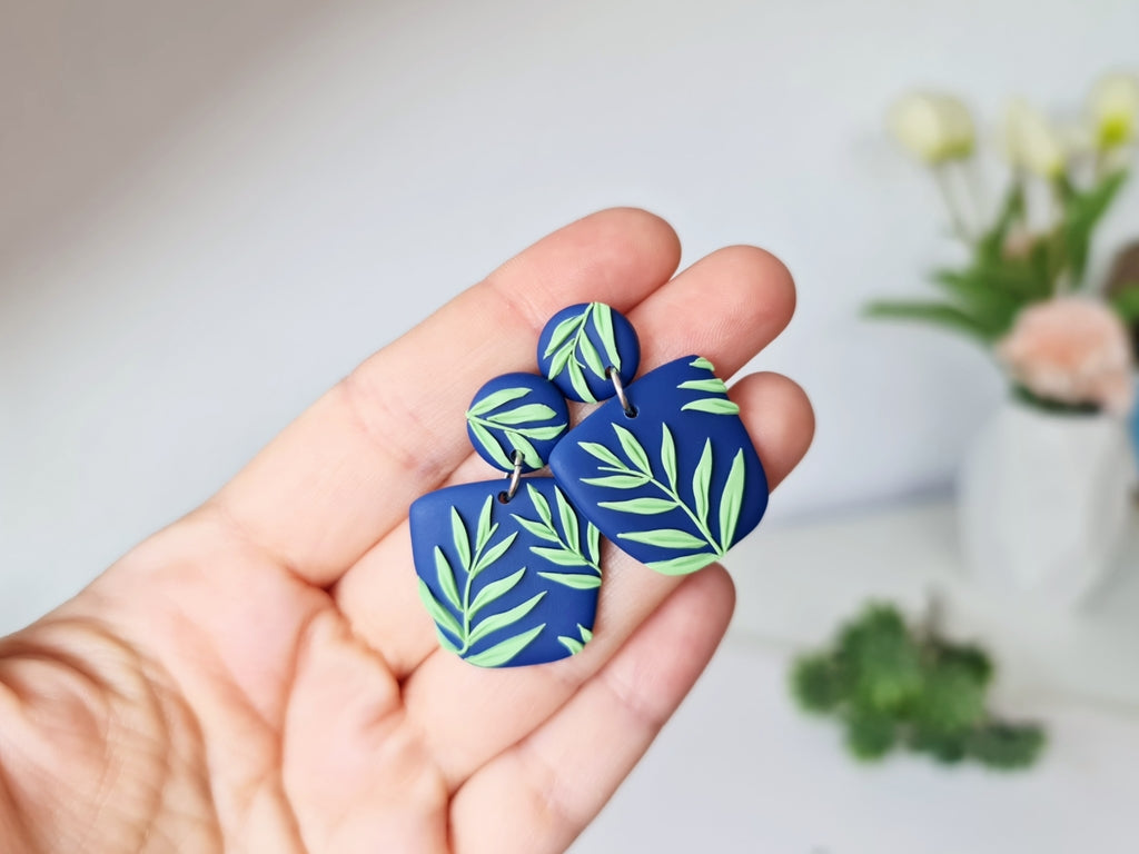Blue Earrings with Green Leaf, Polymer Clay Earrings, Nature, Plant Earrings - Studio Niani