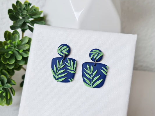 Blue Earrings with Green Leaf, Polymer Clay Earrings, Nature, Plant Earrings - Studio Niani
