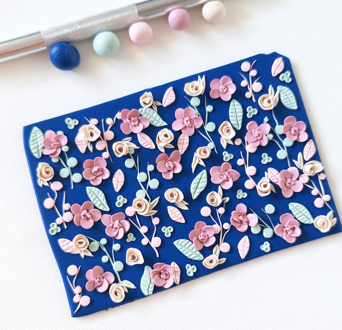 Blue Floral Earrings, Polymer Clay Earrings, Delicate Pink and Beige Flowers, Handmade - Studio Niani