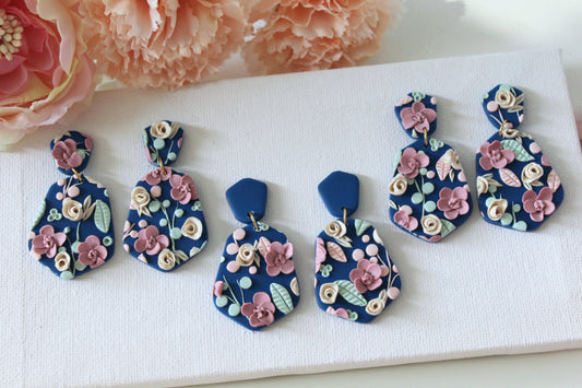 Blue Floral Earrings, Polymer Clay Earrings, Delicate Pink and Beige Flowers, Handmade - Studio Niani