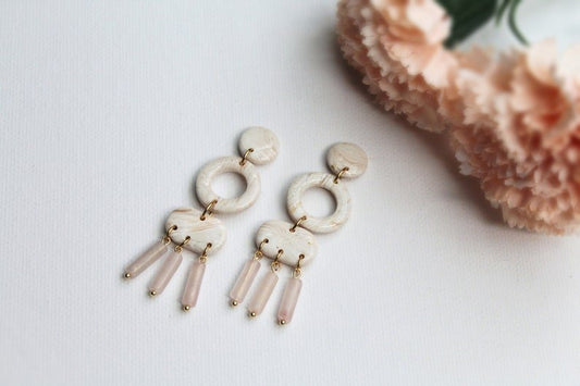 Boho Earrings, Polymer Clay Earrings, Rose Quartz, Gemstone Earrings, Quartz Earrings Dangle, Statement Earrings, Boho dangle, Gift,Handmade - Studio Niani