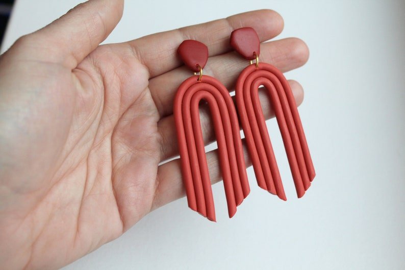 Boho Rainbow Earrings, Large Statement Arch, Polymer Clay Earrings in Olive and Terracotta color - Studio Niani