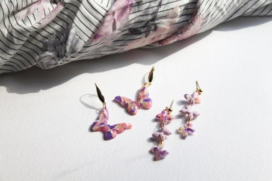 Butterfly Earrings, Polymer Clay Earrings with Stainless Steel Studs, Purple, Pink - Studio Niani