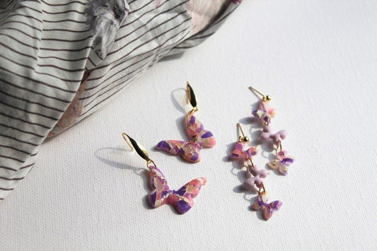 Butterfly Earrings, Polymer Clay Earrings with Stainless Steel Studs, Purple, Pink - Studio Niani