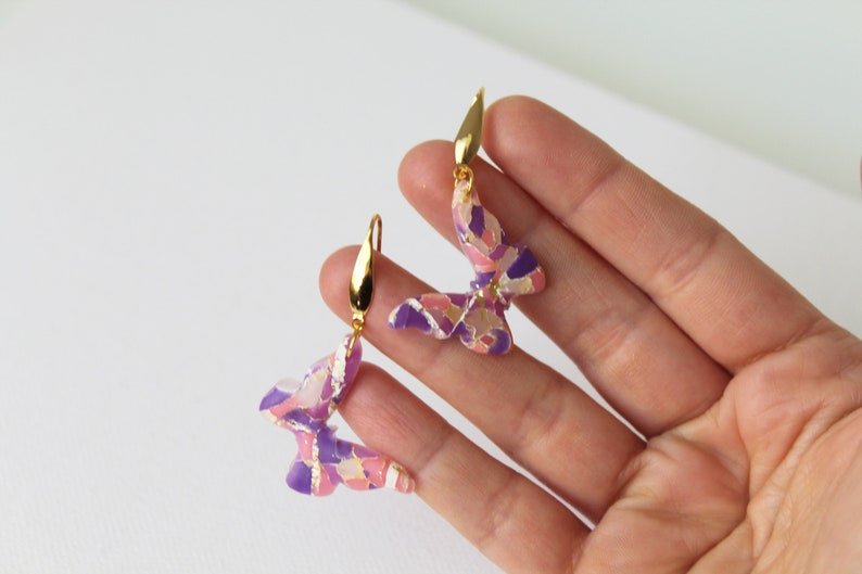 Butterfly Earrings, Polymer Clay Earrings with Stainless Steel Studs, Purple, Pink - Studio Niani