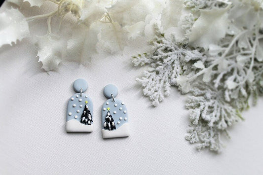 Christmas Tree Earrings, Christmas Polymer Clay Earrings, Snow and Winter Wonderland - Studio Niani