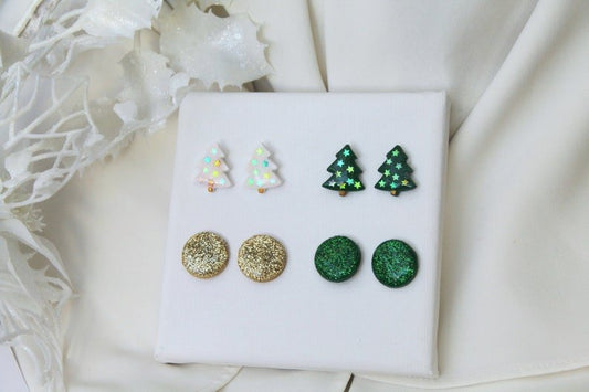Christmas Tree Earrings, Christmas Stud Earrings, Polymer Clay Earrings, Stud Holiday Pack - Studio Niani