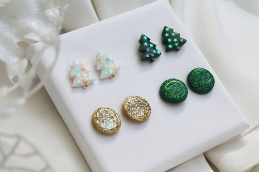 Christmas Tree Earrings, Christmas Stud Earrings, Polymer Clay Earrings, Stud Holiday Pack - Studio Niani